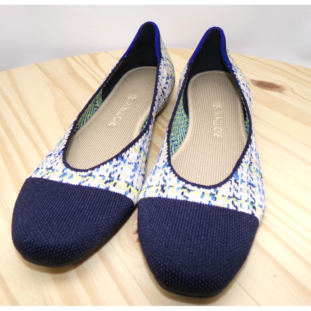 Rothys The Square Flat Spring Tweed Womens Beige Blue Yellow Size 6 Slip On